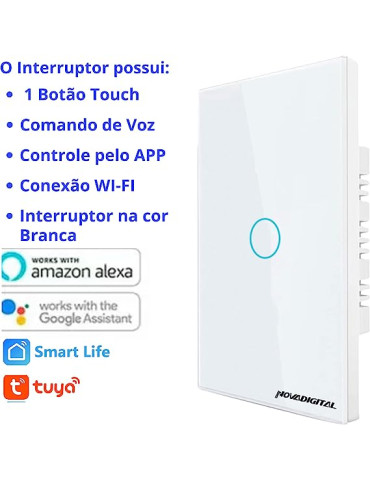 Interruptor Inteligente Touch 1 Botão RF433Mhz Wi-fi Google Alexa